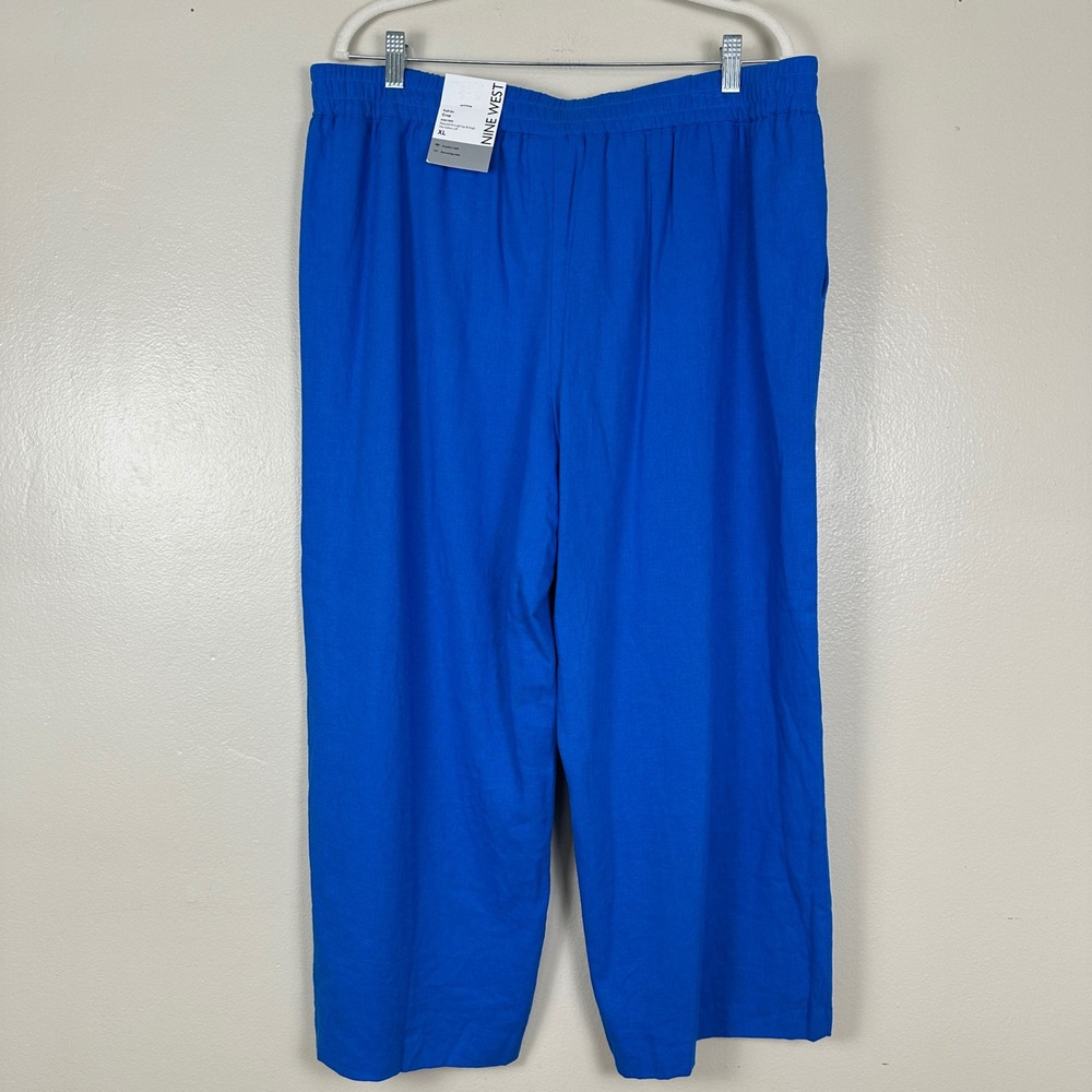 Nine West Women's XL Pull-On Crop Pants Santorini Blue Linen Blend High Rise NEW